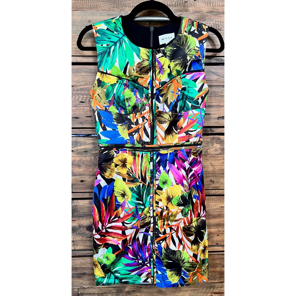 MILLY Tropical Print Sheath Dress Multi colored Floral Bodycon Dress Sz 4
